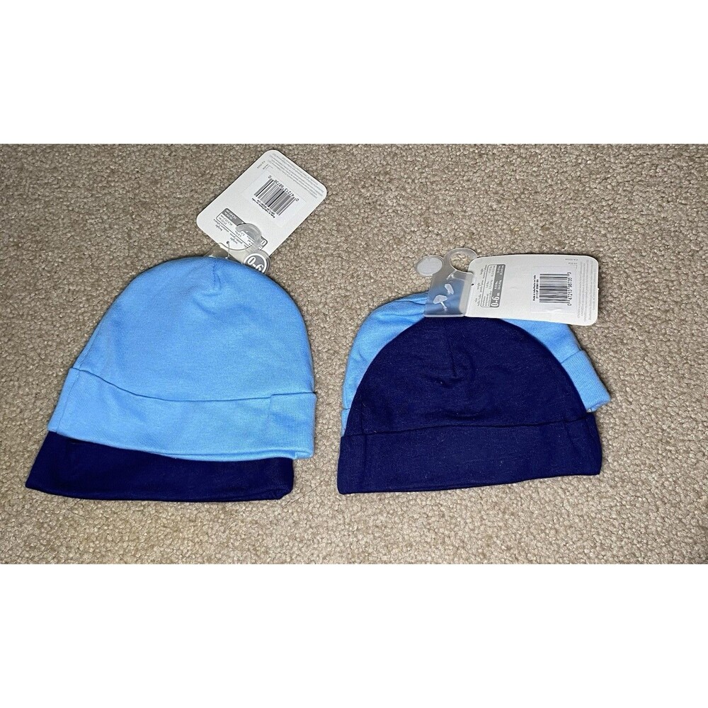 4 Gerber Baby Boy Beanies Blue and Navy Blue Hats Size 0-6M NWT